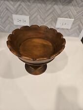 Vintage Wood Pedestal Bowl Scalloped Edge Compote Footed Dish For Fruit Display picture