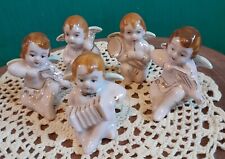 Vintage Set Of 5  Porcelain Angels Musical Instruments Gold Accents  2