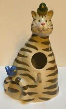 GANZ Ceramic Cat With Birds Birdhouse Figurine Tiny Chip on Blue and Green Bird picture