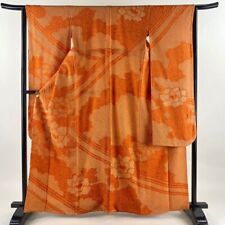 63.4inc Japanese Kimono SILK FURISODE Peony Chrysanthemum Orange picture