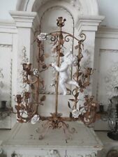OMG Old Vintage CANDELABRA Candle Stand Italian Tole PORCELAIN CHERUB & ROSES picture
