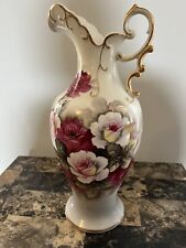 13” Gray Pitcher w/ Pink and White Floral Design & Gold Accents  picture