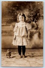 Cute Little Girl Postcard RPPC Photo Curly Hair With Doll c1910's Antique picture