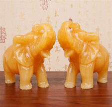 A Pair of Yellow Jade FengShui Hand-carved Elephant Home Protect Decoration Gift picture