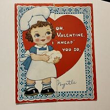 Vtg Valentine Card Cute Girl Apron Chefs Hat Dough “Oh Valentine I KNEAD You So” picture