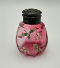 Antique Hand-Painted Enamel Cranberry Glass Salt Shaker Ten Paneled Tapered picture