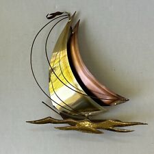 Vintage Mid-Century Modern Brass, Copper and Wood Sailboat Wall Hanging picture