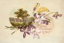 1880s-90s White & Purple Flowers A Happy Christmas to you Trade Card picture