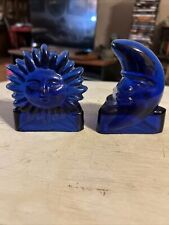 Cobalt Blue Glass Celestial Moon & Sun Votive Candle Holders Tealights Included picture