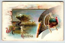 Thanksgiving Turkey Postcard Water Wheel Lake Wishbone Vintage Holiday Unposted picture