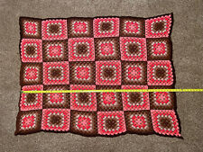 Vintage Crochet Granny Square Pink & Brown Afghan Throw Blanket Handmade 57x44 picture