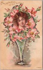 c1900s HAPPY BIRTHDAY Postcard Pretty Lady's Head in Flower Vase / GLITTER picture