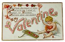 VALENTINE POST CARD CUPID MENDS BROKEN HEART 1910 SEWING MISCHLER OSBORNE KS picture