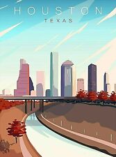 Houston Texas Cityscape United States Retro Travel Art Poster Print picture