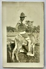 1910s Soldier Riding Donkey Burro Mule RPPC Postcard Antique Vintage picture