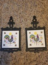 Vtg Pair Japan Folk Art Rooster Trivet Wall Plaque Good Morning Coffee Coaster  picture