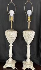 Vintage Pair Lamps Ornate Carved Face & Cherub Cast Metal & Ceramic unique picture