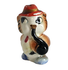 Vintage Japan Ceramic Anthropomorphic Owl Smoking Pipe with Red Hat Salt Shaker picture