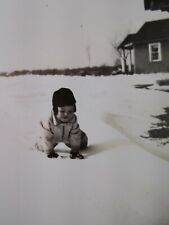 Happy Toddler in Snow Antique Photo VTG Early 1900s Crawl Hat Mittens  picture