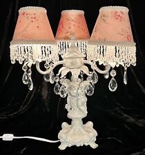 Vintage Cherub Three Arm Brass Painted White Table Chandelier With Beaded Shades picture