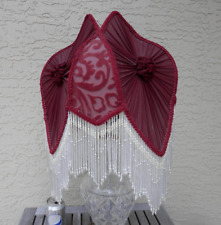 Victorian Pleated Red Cloth Shade with Rosettes, White Beads Trim GC Free S/H picture