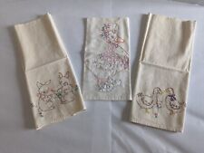 3 Vintage Hand Embroidered Tea Towels - Mother Goose, Ducks & Rabbits picture