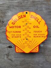 VINTAGE GOLDEN SHELL PORCELAIN SIGN GAS & MOTOR OIL OLD THEMOMETER PLATE DIECUT picture