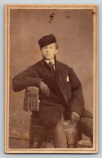 Original Old Vintage Photo Antique CDV Gentleman Chair Coat Hat Gloves picture
