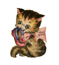 Vintage 1940s Die Cut Cat Kitten Hallmark Birthday Greeting Card Used 5.75