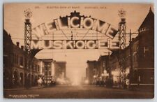 Street View Electric Arch at Night Muskogee OK Postcard Indian Trading Co 1912 picture