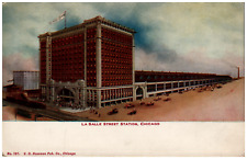 Postcard Vintage La Salle Street Railroad Station Chicago, ILL Old Cars picture