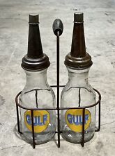 Set of (2) GULF Motor Oil Bottles w/ Metal Wire Oil Bottle Carrier picture