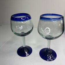 Handblown Cobalt Blue Rimmed Glass Liquor Glasses Set Of 2 picture
