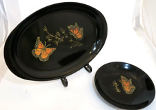Couroc of Monterey VTG MCM Large Oval Serving Tray & Plate Monarch Butterflies picture