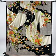 63.8inc Japanese Kimono SILK FURISODE Flower carriage Gold thread Cream picture