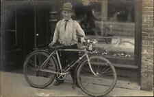 Great Image Little Person Dwarf Poses w/ Bicycle Front of Store RPPC c1920 picture