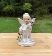 Vintage Napco C1921 May Birthday Boy Angel Holding Bouquet of Flowers & Box- EXC picture
