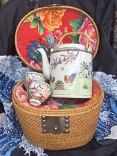 Rare Vintage Heirloom Oriental Tea Pot and Cups in Ornate Basket Metal Hardware  picture