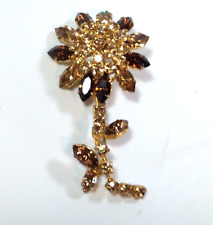 Floral Brooch Vtg Amber and Brown Marquise Rhinestones Gold Tone Metal Pin picture
