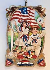 BOY & GIRL, Raising AMERICAN FLAG *  Glitter JULY PATRIOTIC ORNAMENT * Vtg Img picture