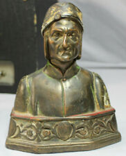 Antique Painted Dante Bronze Green Bust Bookend Statue Signed 1920'S GS picture
