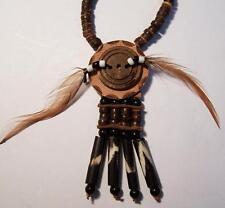DK BROWN NATIVE INDIAN STYLE LEATHER  MEDALLION NECKLACE beads feathers picture