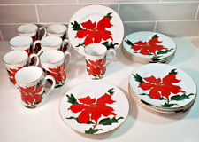 Fitz And Floyd Cloisonne Poinsettia 8 Mugs & 10 Salad Plates Fine Porcelain picture