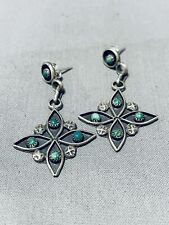 DETAILED VINTAGE NAVAJO CERILLOS TURQUOISE STERLING SILVER EARRINGS picture