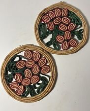 Two Vintage Round Raffia Straw Hot Pads Wicker Trivet Boho Wall Art Colorful picture