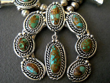 Native American Navajo Royston Turquoise Sterling Silver Squash Blossom Necklace picture