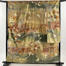 Woman Japanese Kimono Furisode Silk Butterfly Chrysanthemum Gold Foil LightBrown picture