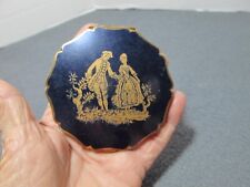 Vtg Stratton England Compact Makeup Case Brass w Navy Enamel Colonial Couple picture