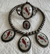 Vtg. Native American Zuni Cardinal Red Bird Inlay Necklace,bracelet,ring Set picture