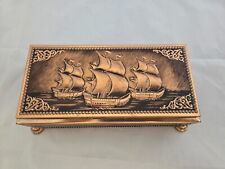 Vintage West Germany Embossed Footed Hinged Tin Box Chest Sailing Ships Nautical picture